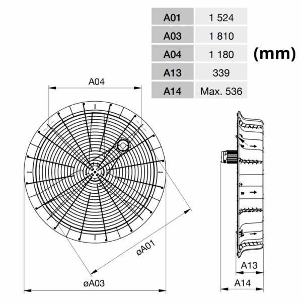 Ventilaatori mõõtmed 3 Multifan AirBreeze fan 1500 mm, 48,150 m³/h